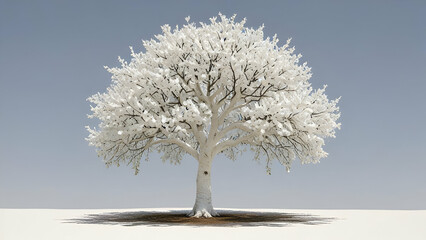 A white tree with a round shape, symbolizing growth, life, nature, purity, and simplicity gray background,