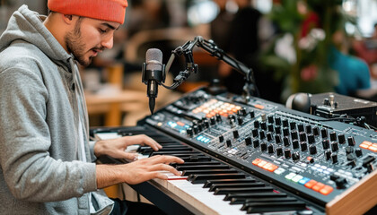 Musician playing keyboard and singing into microphone during live performance