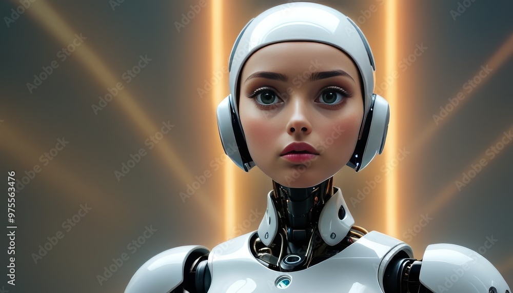 Poster a close-up of a female android with a sleek, futuristic headset, set against a background of neon li
