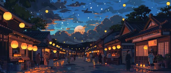 Pixel Art Scene of a Traditional Japanese Lantern Festival at Night with Kimonos and Festival Stalls