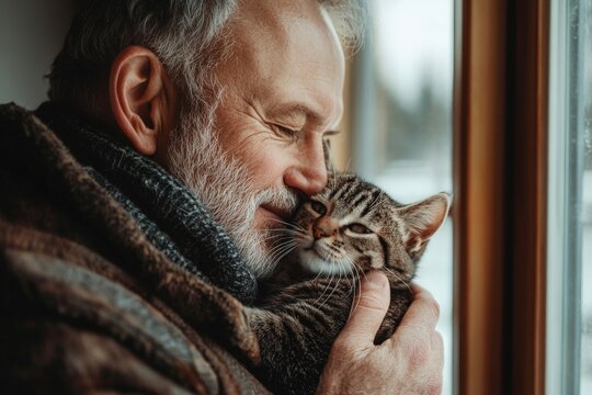 Elderly man embracing cat by window on a winter day