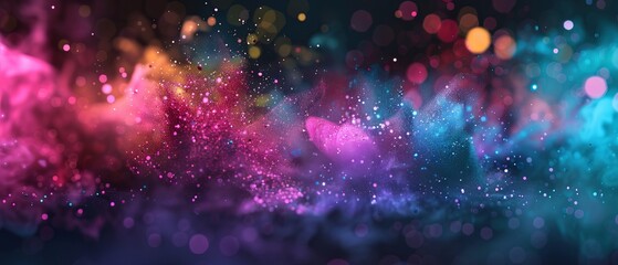 Obraz premium Close-Up of Neon Paint Droplets Transforming into Colorful Dust or Smoke Effect Against a Dark Background