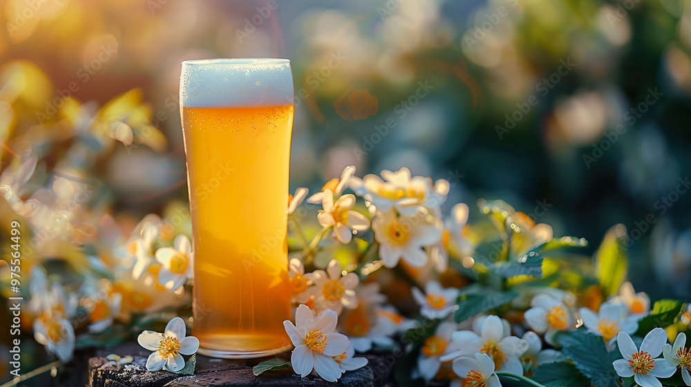 Wall mural Refreshing Beer with Flowers in Sunlight