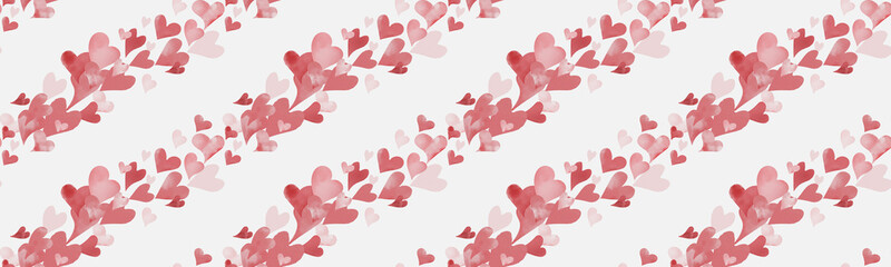 Cute valentine hearts on a seamless pattern Watercolor illustration in digital. Pink hearts for the celebration of love, isolated on a white background. Flying cute hearts, Valentine's Day greetings