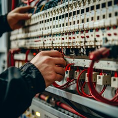 Electrical Panel Repair, Electrician Switching off Circuit Breakers in Fuse Box, Hands Closeup