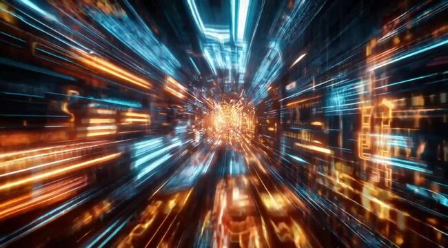 Scene of illustration time machine with data sparks, Camera slow motion with different angles