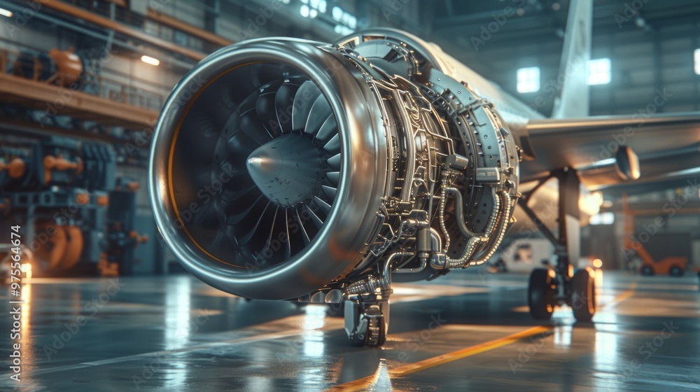 Poster a large jet engine is on display in a hangar