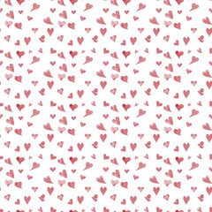 Romantic pink valentine hearts on a seamless pattern Watercolor illustration in digital. Sweet hearts for the celebration of love, isolated on a background. Flying hearts, for Valentine's Day greeting