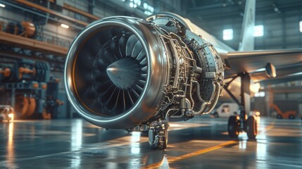 A large jet engine is on display in a hangar