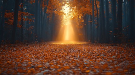 Sun rays illuminate a misty forest path covered in fallen leaves.