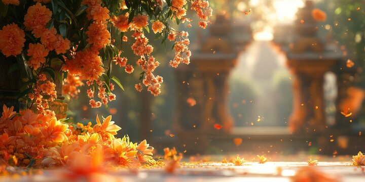 Orange flower garland on dark column with blurred bokeh lights background. Indian Diwali and festive celebration concept. Image for banner, invitation and greeting card with copy space.