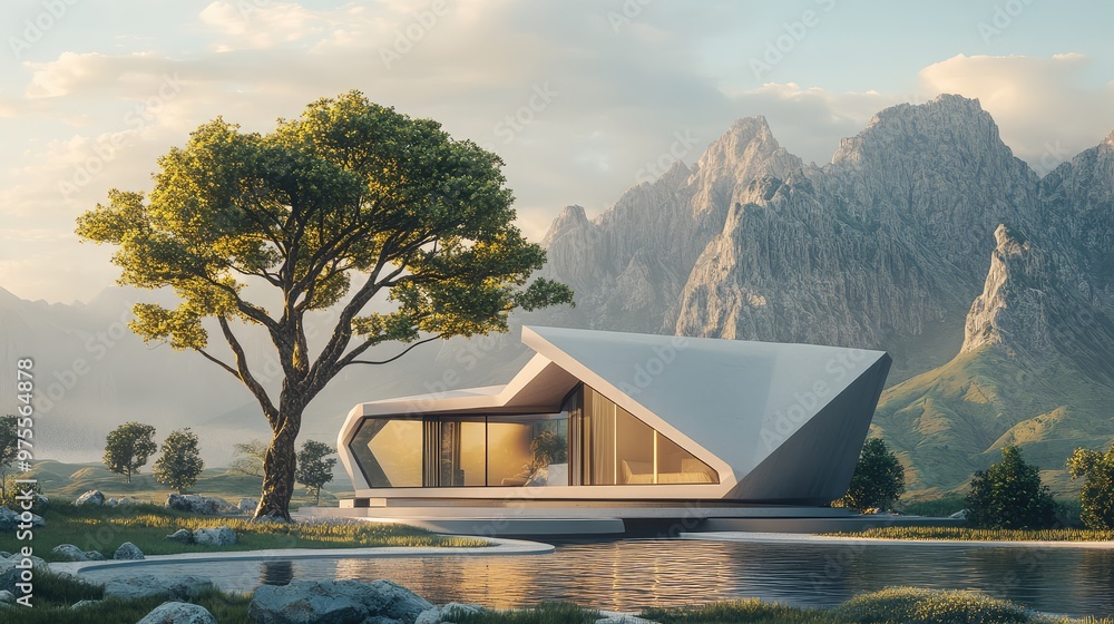 Aufkleber a geometric abstract house with sharp angles paired with a 3d tree, set in the middle of a serene na