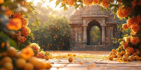 Ancient stone arch with marigold flowers. Indian  festive celebration concept. Image for banner, invitation and greeting card with copy space.