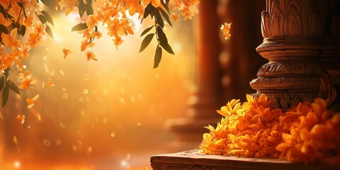 Orange flower garland on dark column with blurred bokeh lights background. Indian Diwali and festive celebration concept. Image for banner, invitation and greeting card with copy space.
