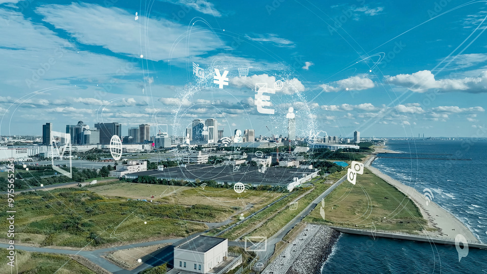 Poster mixed media of modern city aerial view and communication network concept.