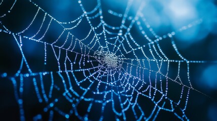 Obraz premium A spider web with dew drops on a dark background.