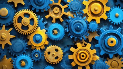 Interlocking blue and yellow cogs on a dark background.