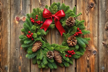 A beautifully crafted evergreen wreath adorned with festive red berries, pinecones, and ribbons, suspended from a