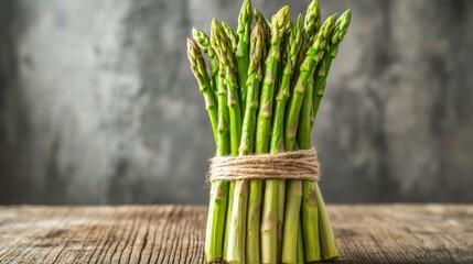 bundle of fresh asparagus on rustic wooden table, natural food and ingredient concept