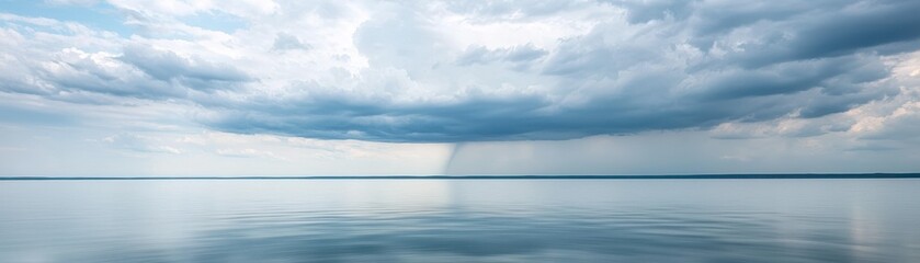 Fototapeta premium A serene seascape featuring calm waters under a cloudy sky with rain approaching in the distance, evoking tranquility and nature's beauty.