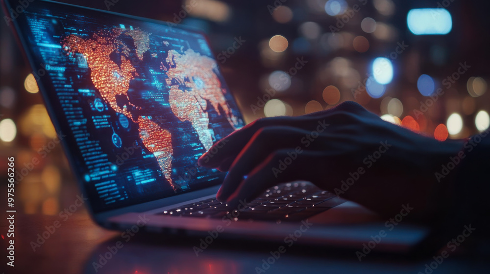 Poster a person interacts with a glowing globe while using a laptop in a dimly lit room filled with decorat