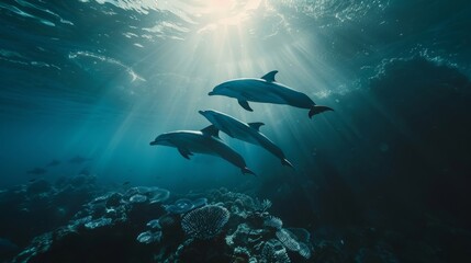 Three dolphins swim gracefully in the clear blue ocean. Sunlight beams down through the water, creating a serene underwater scene.