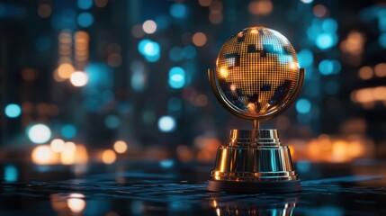 Shiny 3D Business Trophy with Global Base on Cityscape Background - Corporate Achievement Concept