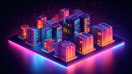 Fototapeta premium Isometric low poly city with neon lights and glowing buildings.