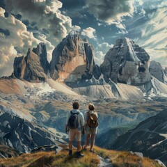 Obraz premium Two Tourists Look at Mountains, beautiful landscape