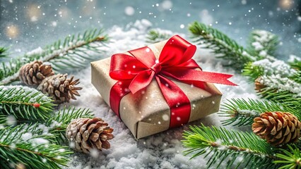 A beautifully wrapped festive gift adorned with a red bow and surrounded by snowflakes, pinecones, and evergreen