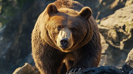 Obraz premium A close-up of a brown bear in a natural setting, showcasing its features and surroundings.
