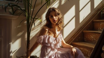 Fototapeta premium A young woman in a beautiful pink dress sits on the stairs, bathed in warm sunlight, surrounded by greenery and shadows.