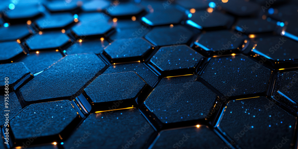 Poster close-up view of a textured hexagonal pattern illuminated with blue light in a modern digital enviro