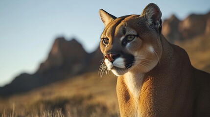 Obraz premium A close-up of a mountain lion in a natural landscape, showcasing its majestic features and surroundings.