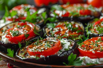 Vegetarian Eggplant Salad with Baked Aubergine, Cherry Tomatoes and Cilantro Close Up