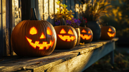 Fototapeta premium Decoratively carved pumpkins glowing on a wooden porch during a beautiful autumn evening in a scenic setting
