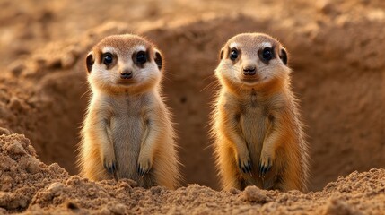 Fototapeta premium Two baby meerkats standing side by side in a desert environment looking directly at camera