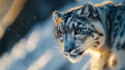 A close-up of a snow leopard showcasing its striking features and fur patterns in a snowy environment.