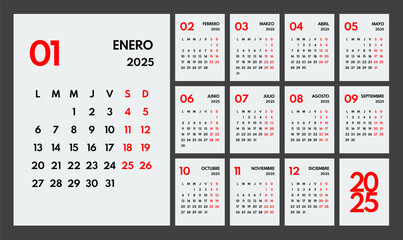 2025 year monthly office planner, calendar starts monday, two red weekends, white background, spanish months name