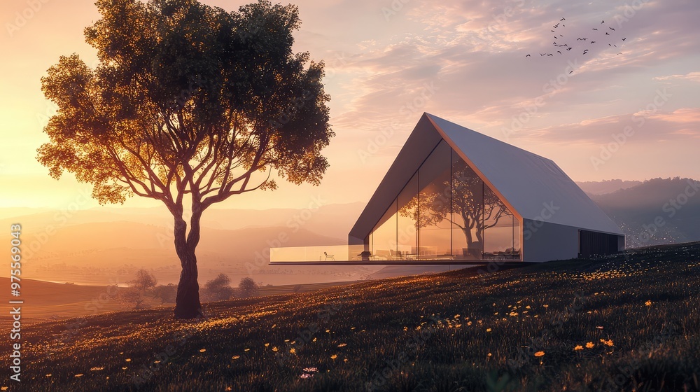 Aufkleber an abstract house with sharp angles and glass walls, paired with a towering 3d tree casting long sha