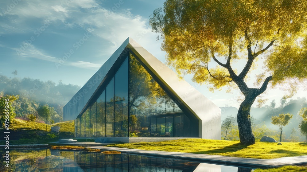 Aufkleber an abstract house with sharp angles and glass walls, paired with a towering 3d tree casting long sha