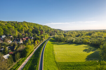 Summer skyline cityscape of Kazimierz Dolny, Lesser Poland (Małopolska). Wide panoramic view