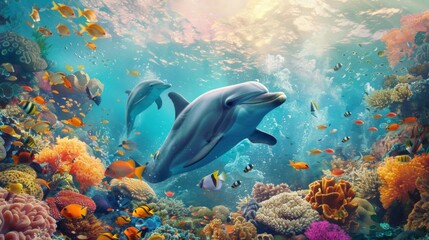 Obraz premium Dolphins Swim Gracefully Through Vibrant Coral Reef and Colorful Fish Under Clear Water