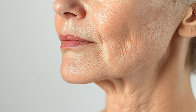 Senior woman showing wrinkles on her face