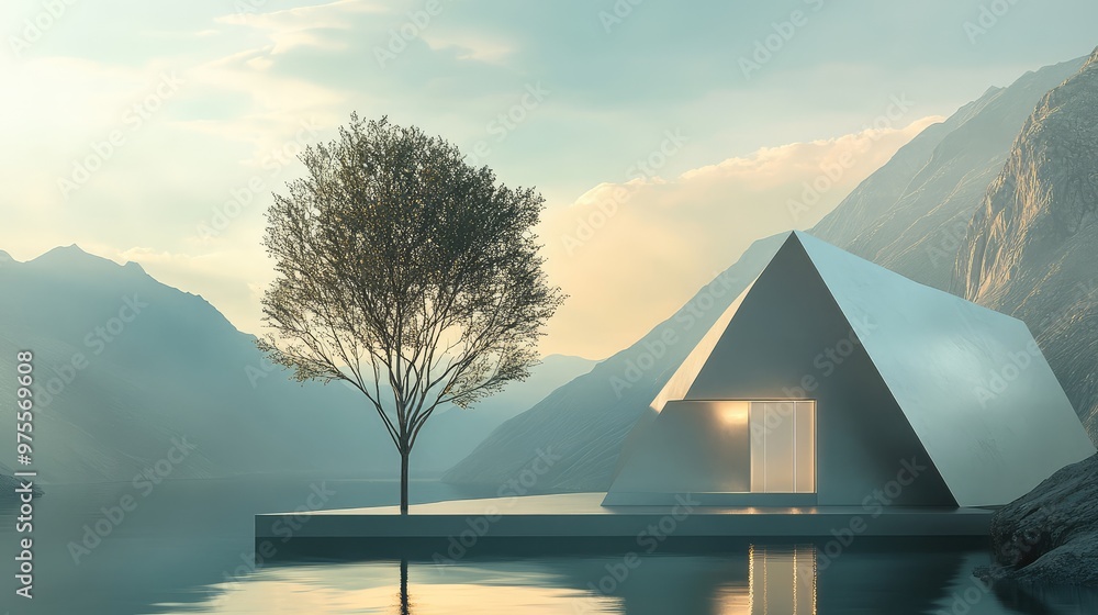 Aufkleber a geometric abstract house with sharp angles paired with a 3d tree, set in the middle of a serene na