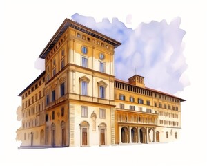 Obraz premium Old buildings on street of Italian town. Isolated watercolor illustration on white background. 