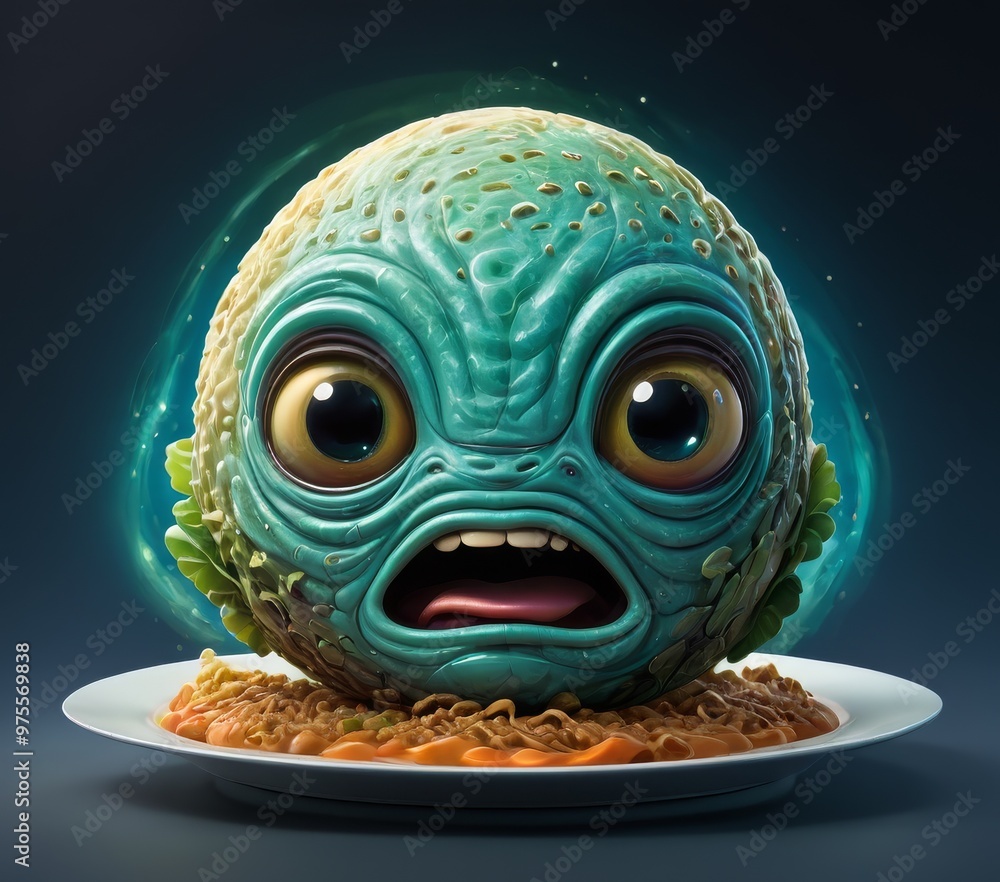 Poster a unique and humorous depiction of a cabbage head with large, expressive eyes and an open mouth, sit