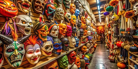 Fototapeta premium A Brightly Lit Store Aisle Filled With A Wide Variety Of Halloween Masks, From Classic To Elaborate, Hanging