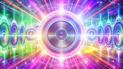 A glowing, colorful abstract background with a central speaker in a ring of light.