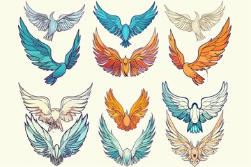 Fototapeta premium Wings flat icon, angel wings emblem, bird feathers doodle sketched, pigeon sign, spirituality symbol